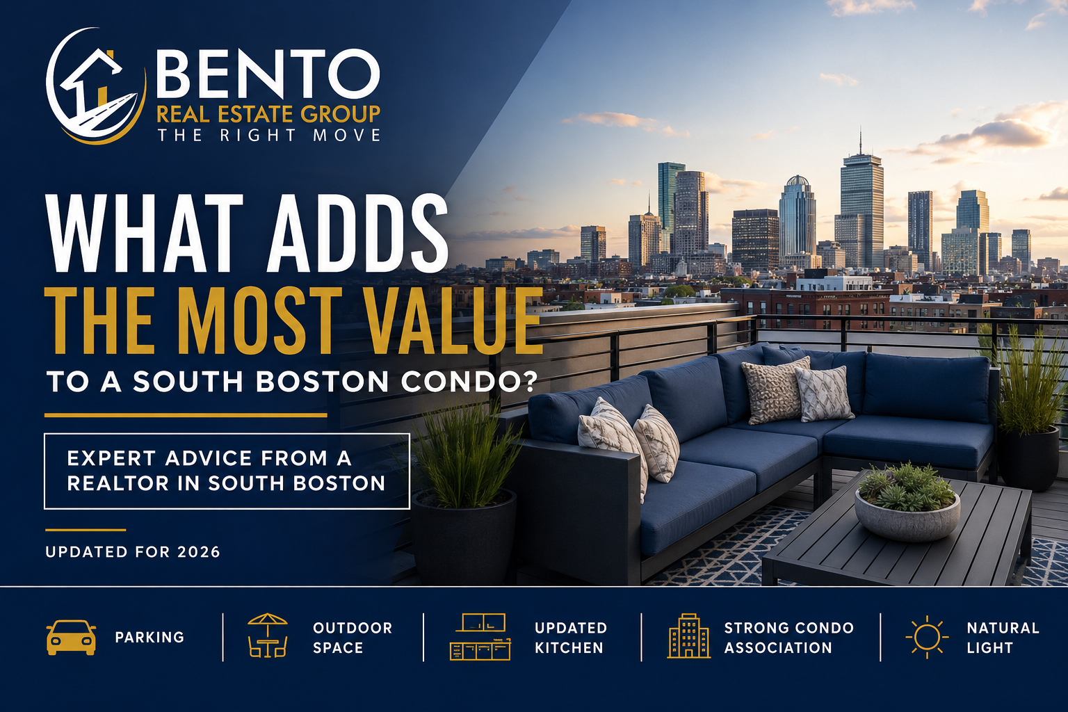 Luxury South Boston condo with private roof deck and Boston skyline illustrating features that add value to a Southie condo.