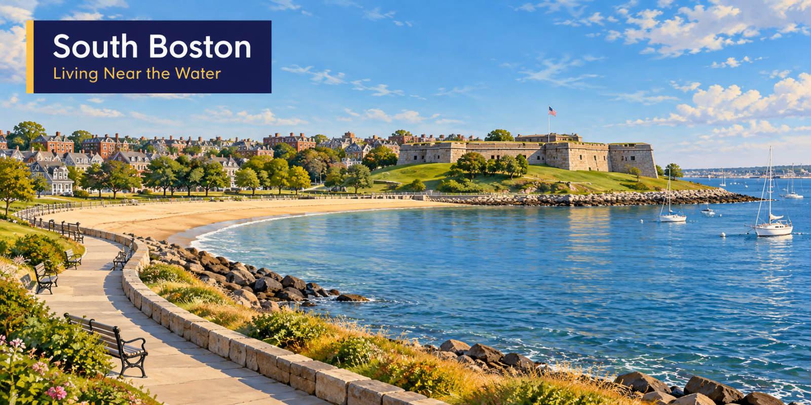 Castle Island, Pleasure Bay, and nearby City Point residential blocks in South Boston.